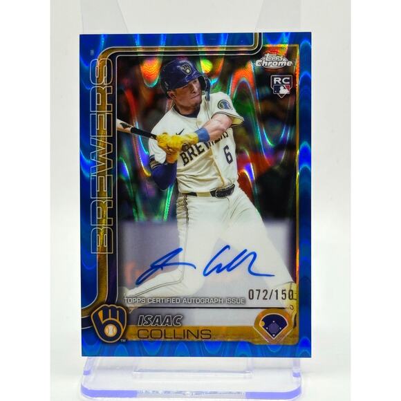 2025 Topps Chrome Isaac Collins Rookie Blue Ray Wave Auto 72/150 SP Brewers RC